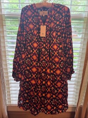 NEW Printfresh Anthropologie-Inspired Floral Geometric LS Dress Black Orange